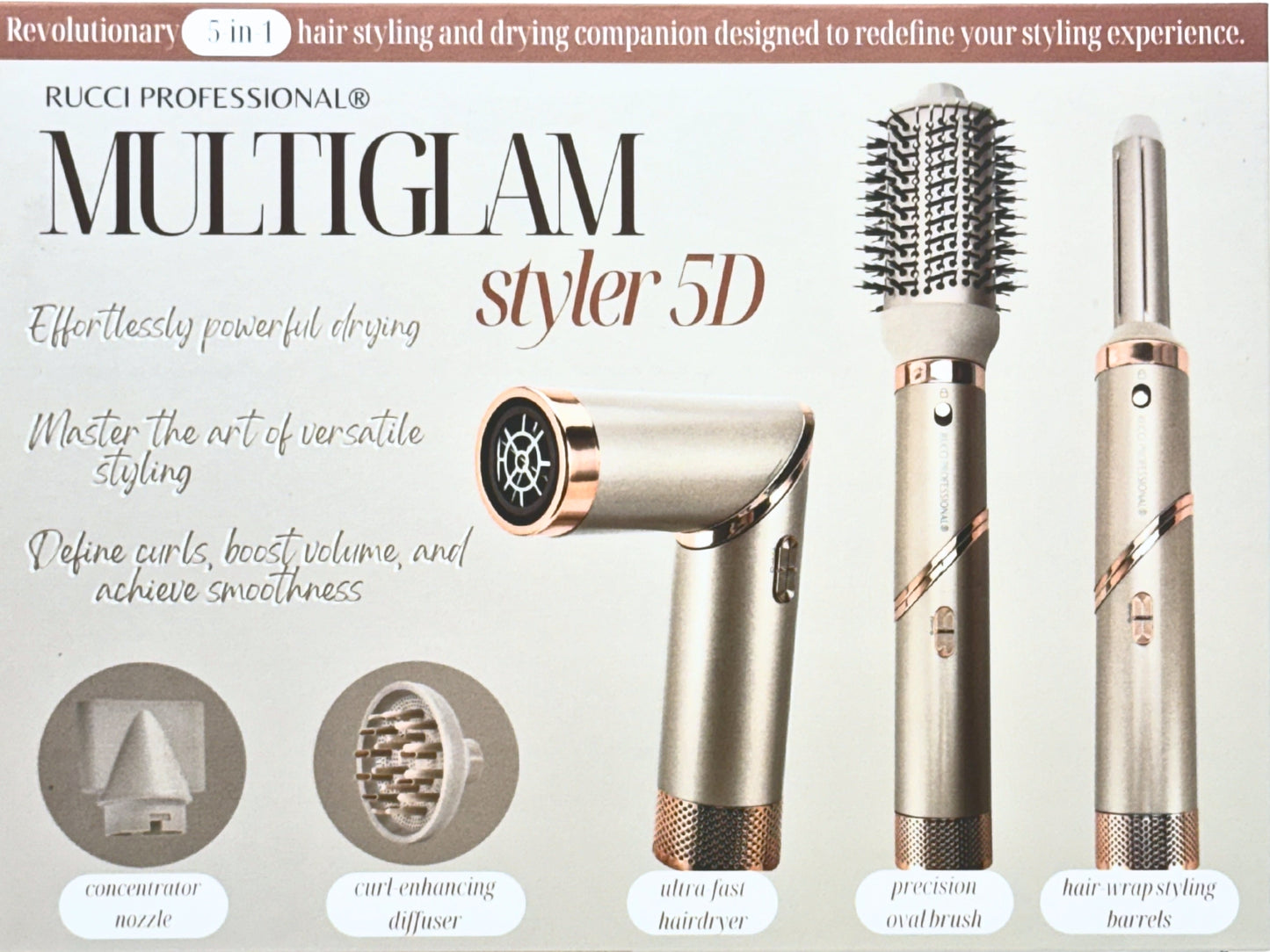 MULTIGLAM Styler 5D | 5-in-1 Hair Dryer & Styler Set with Air Wrap Barrels, Diffuser, Precision Brush & Concentrator Nozzle