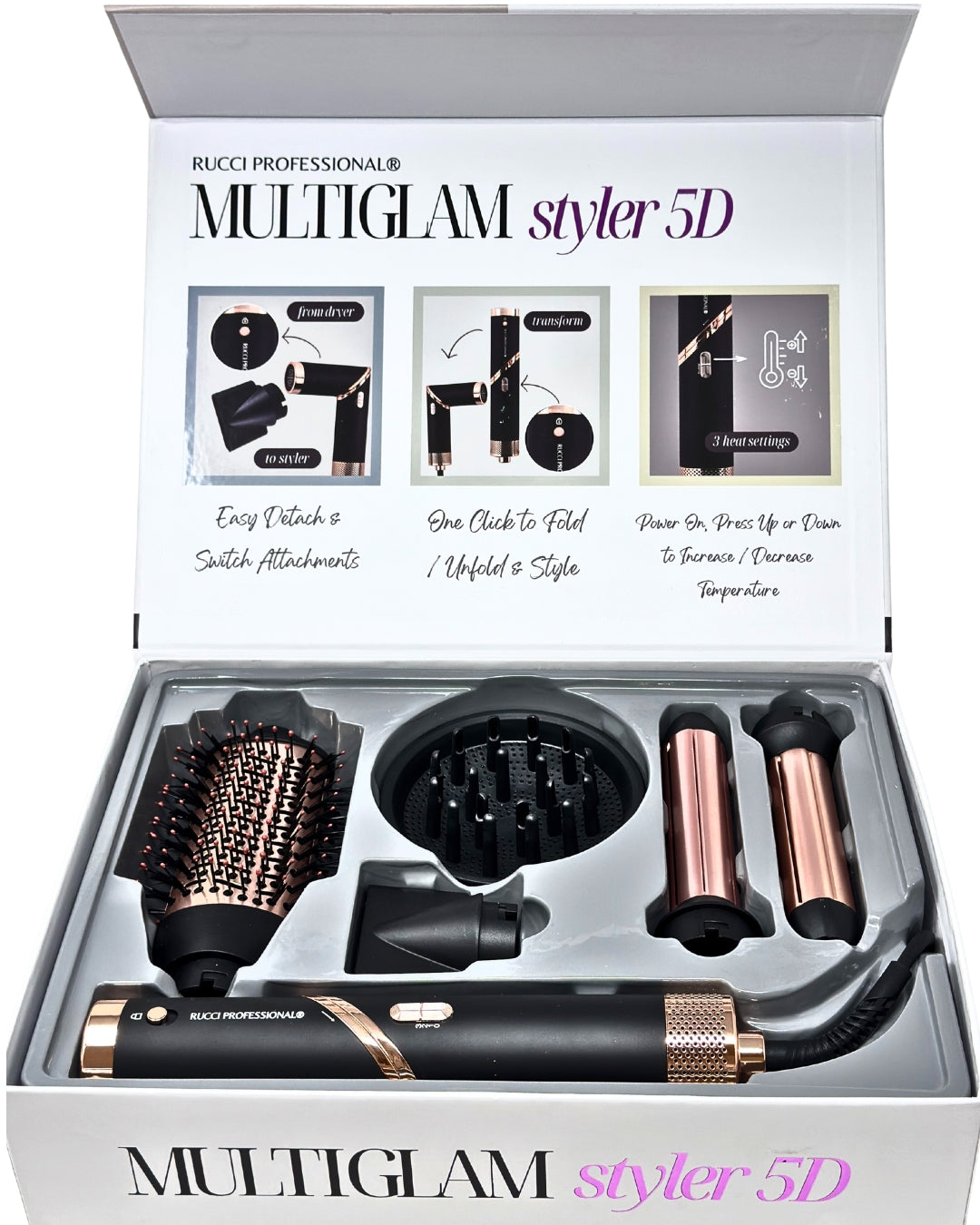 MULTIGLAM Styler 5D | 5-in-1 Hair Dryer & Styler Set with Air Wrap Barrels, Diffuser, Precision Brush & Concentrator Nozzle