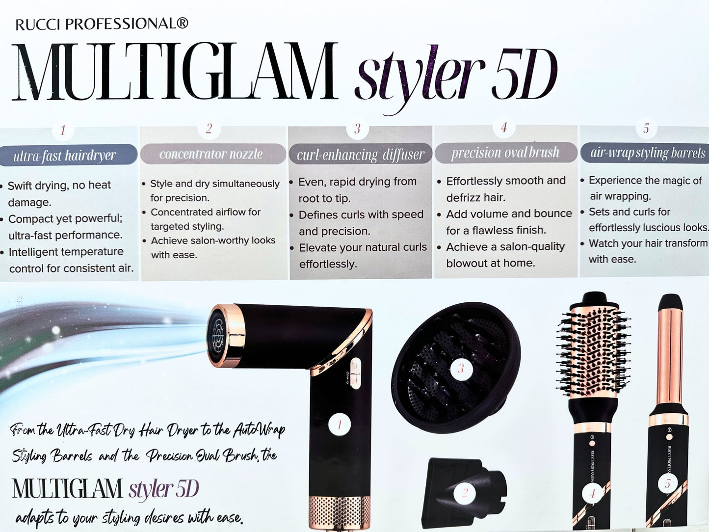 MULTIGLAM Styler 5D | 5-in-1 Hair Dryer & Styler Set with Air Wrap Barrels, Diffuser, Precision Brush & Concentrator Nozzle