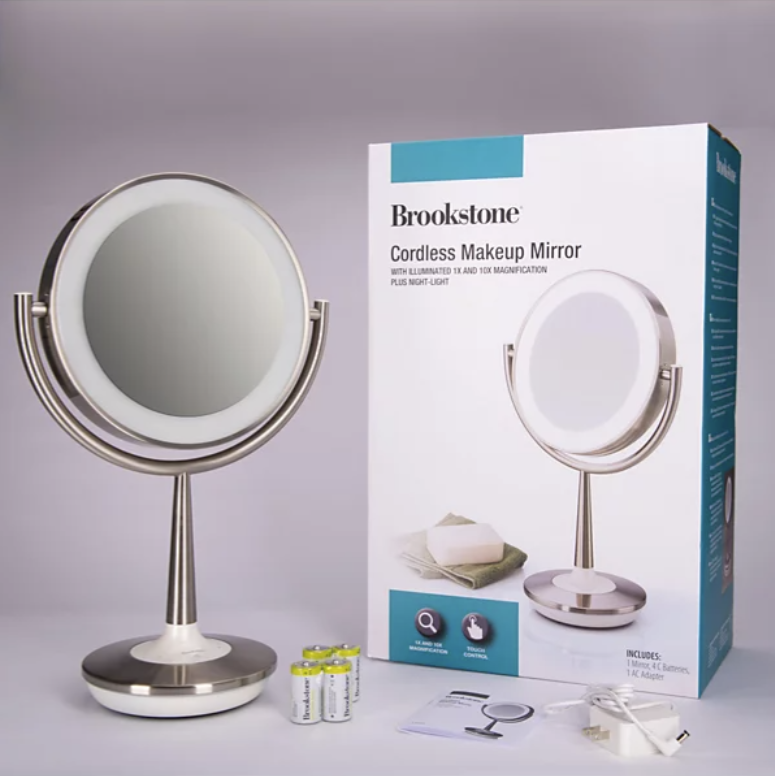 M324106 - Brookstone Cordless Makeup Mirror with Illuminated 1x and 10x Magnification Plus Night Light