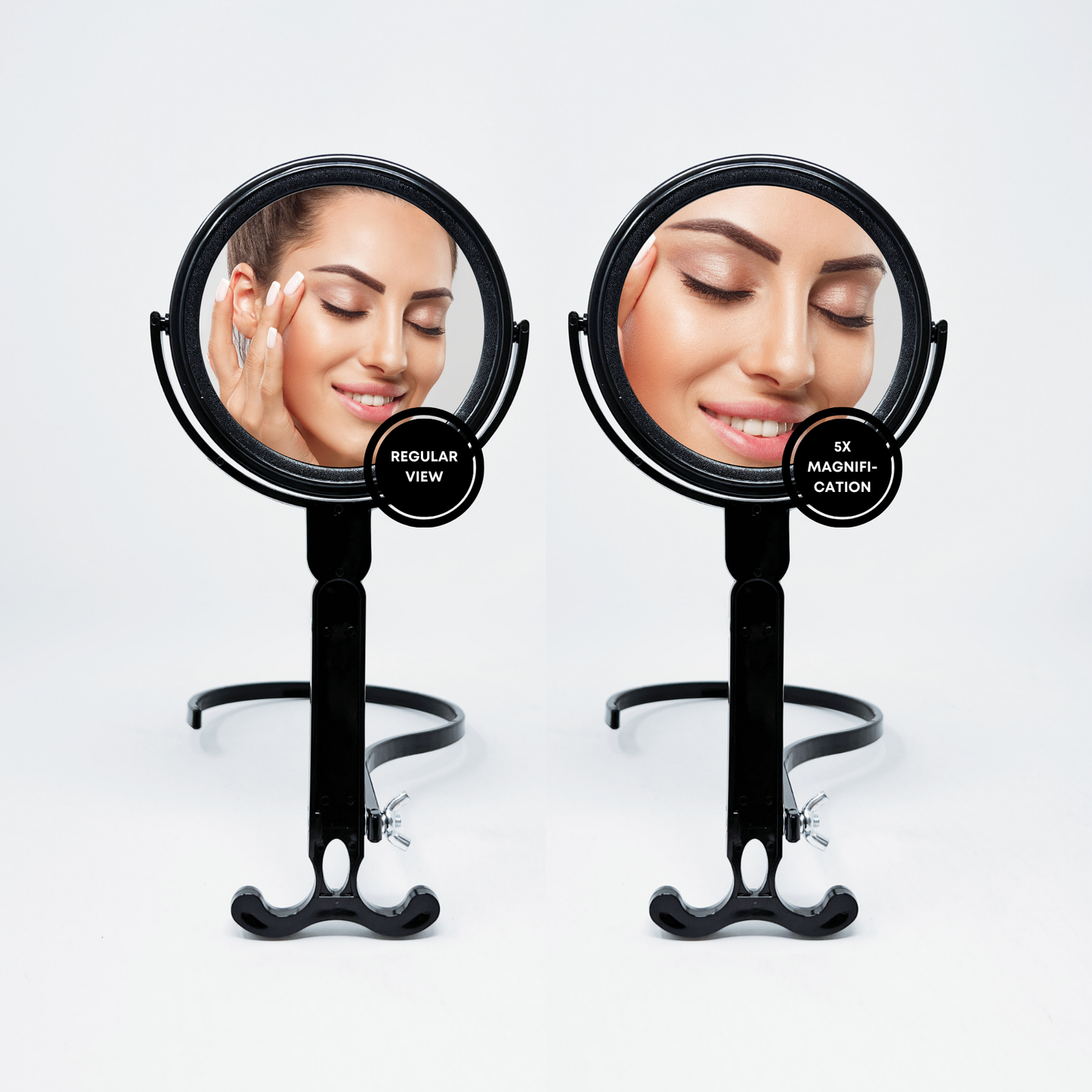1X/5X Magnifying Double-Sided Neck Mirror – Adjustable Black Plastic Vanity Mirror for Makeup, Grooming, and Hair Styling