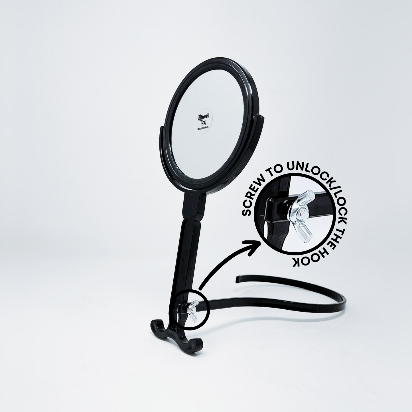1X/5X Magnifying Double-Sided Neck Mirror – Adjustable Black Plastic Vanity Mirror for Makeup, Grooming, and Hair Styling