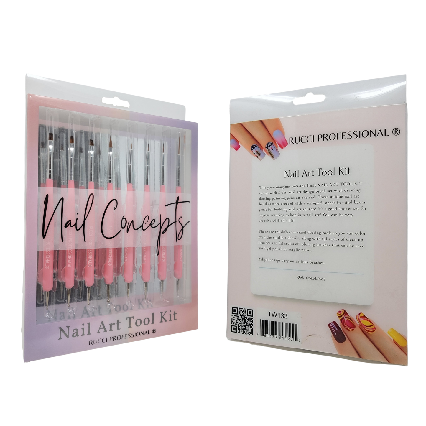 RUCCI Nail Art Tool Kit - 8 Dual Tip Art Design Brush Set (TW133/PI, TW133/B)
