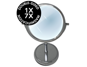 CLEARANCE 1X/7X Magnifying Double-Sided Silver Tabletop Mirror (7.5"D x 13.5"H)