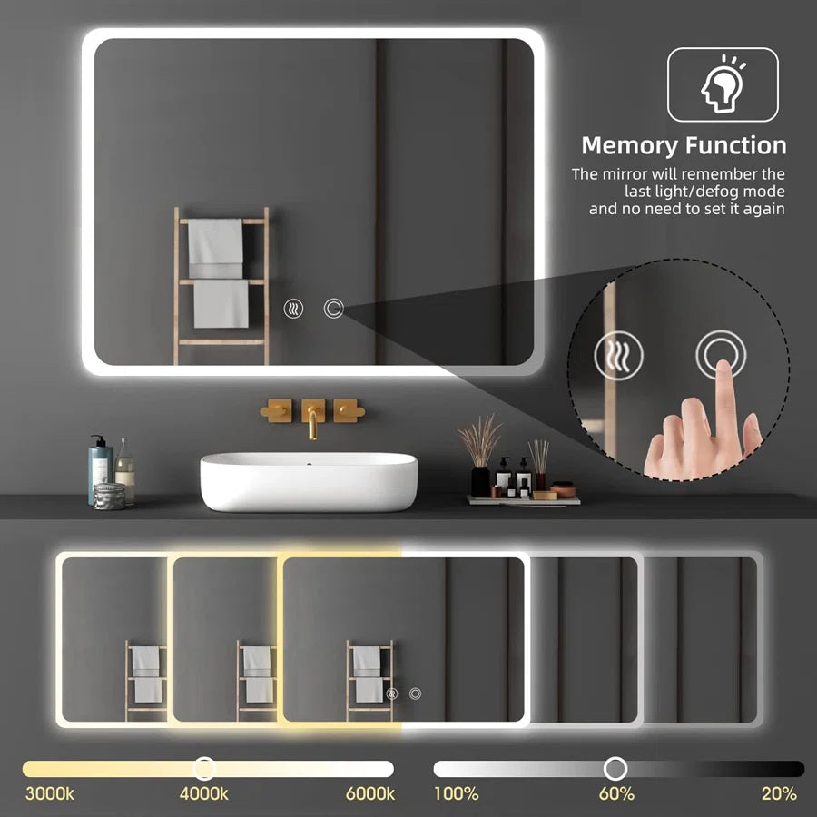32 x 24 inches LED Wall Mounted Bathroom Frameless Mirror with Anti-Fog, Dimmable, Touch Screen