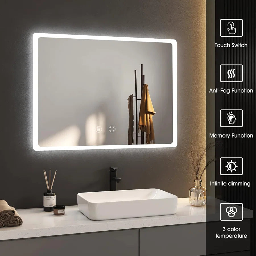 47 x 35 Inches LED Wall Mounted Bathroom Frameless Mirror with Anti-Fog, Dimmable, Touch Screen