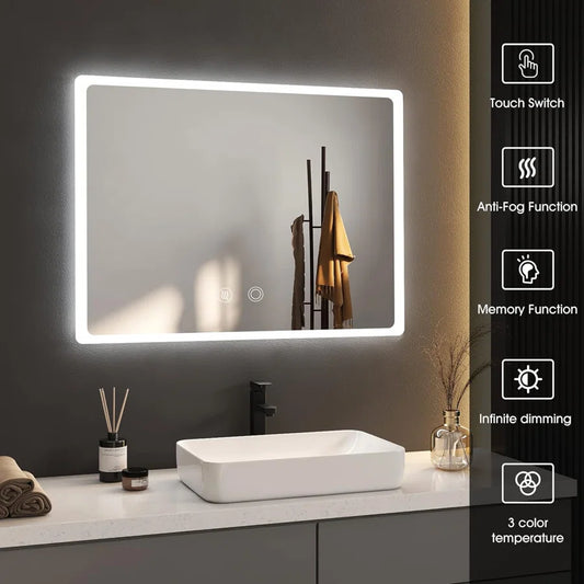 28 x 20 Inches LED Wall Mounted Bathroom Frameless Mirror with Anti-Fog, Dimmable, Touch Screen