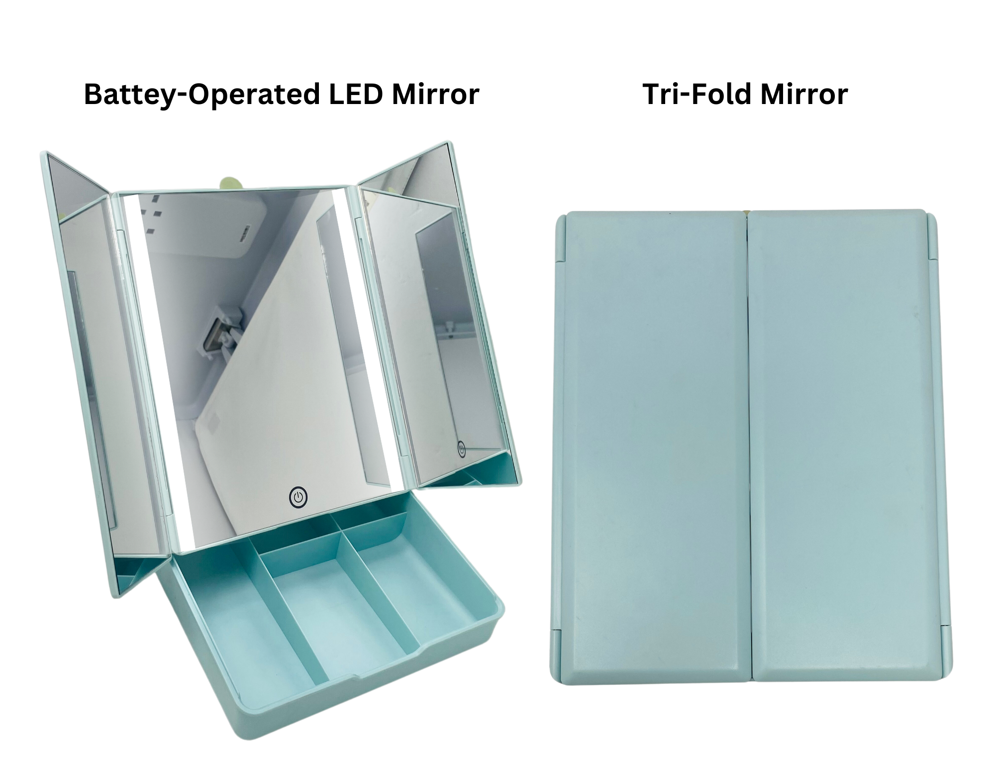 CLEARANCE 1X/10X LED Tri-Fold & Small Mint Green Mirror with Storage