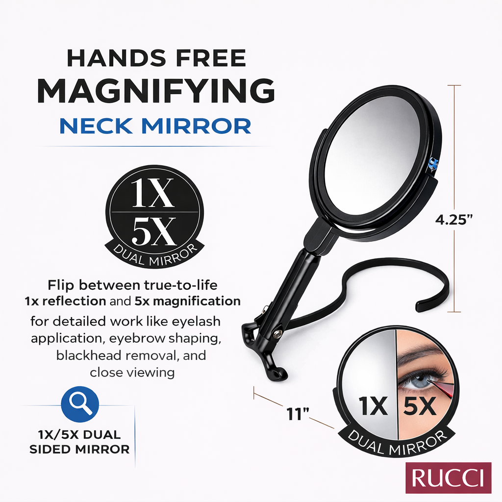 Hands Free Magnifying Neck Mirror – 1X/5X Dual Sided 4.25” Mirror, Adjustable Wearable Makeup & Shaving Mirror, 11” Portable Personal Beauty Mirror for Eyelash, Skincare & Grooming