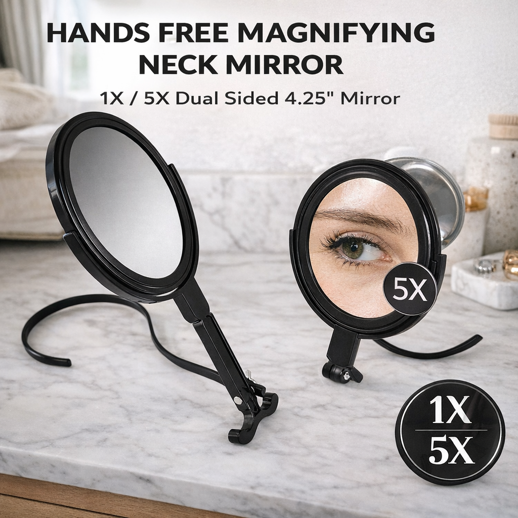 Hands Free Magnifying Neck Mirror – 1X/5X Dual Sided 4.25” Mirror, Adjustable Wearable Makeup & Shaving Mirror, 11” Portable Personal Beauty Mirror for Eyelash, Skincare & Grooming