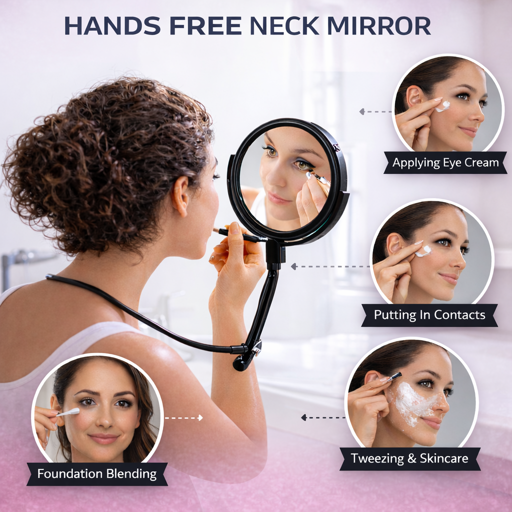 Hands Free Magnifying Neck Mirror – 1X/5X Dual Sided 4.25” Mirror, Adjustable Wearable Makeup & Shaving Mirror, 11” Portable Personal Beauty Mirror for Eyelash, Skincare & Grooming