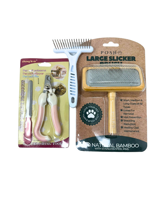 Pet Grooming Kit – Nail Clippers, File, Dematting Comb & Slicker Brush for Dogs & Cats