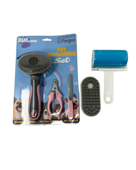 Pet Grooming Kit for Dogs & Cats – 5-in-1 Set with Brush, Nail Clippers, File, Deshedding Glove & Hair Roller – All Breeds & Sizes