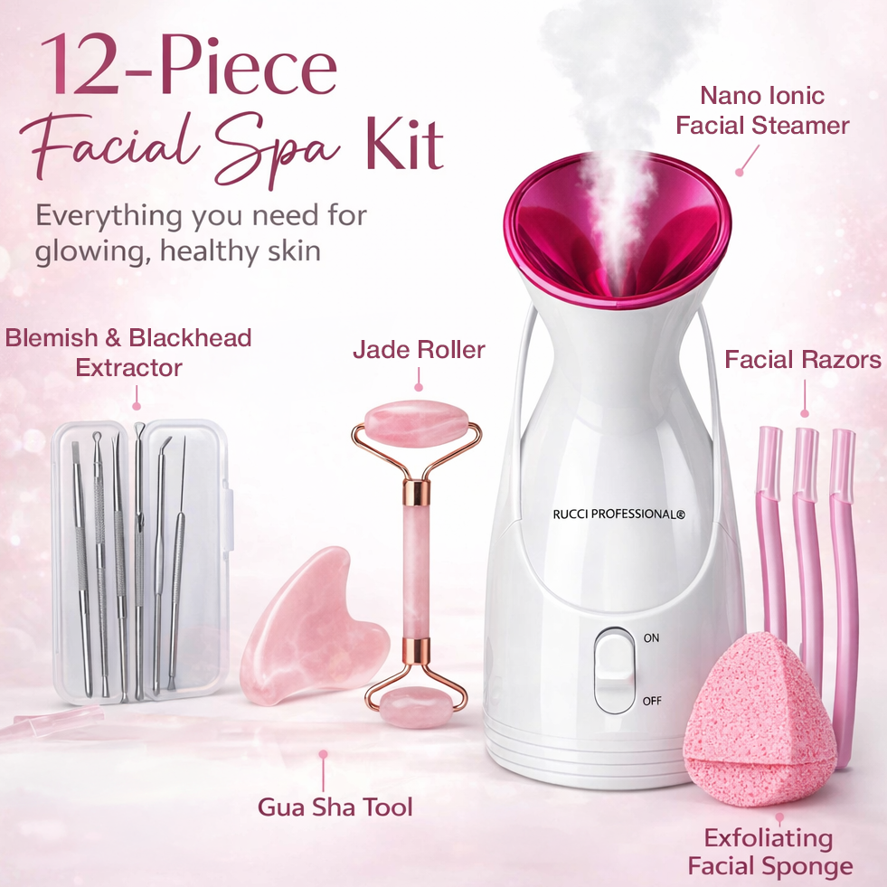 RUCCI PROFESSIONAL® Home Spa Facial Steamer Set – 12 Piece Kit for Deep Pore Cleansing & Glowing Skin
