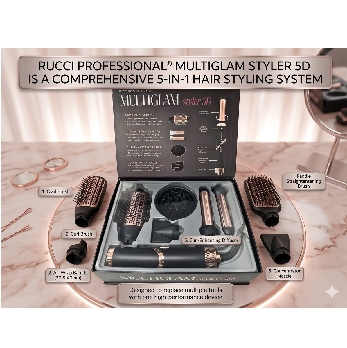 MULTIGLAM Styler 5D | 5-in-1 Hair Dryer & Styler Set with Air Wrap Barrels, Diffuser, Precision Brush & Concentrator Nozzle