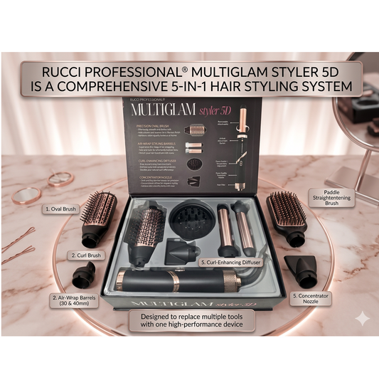 MULTIGLAM Styler 5D | 5-in-1 Hair Dryer & Styler Set with Air Wrap Barrels, Diffuser, Precision Brush & Concentrator Nozzle