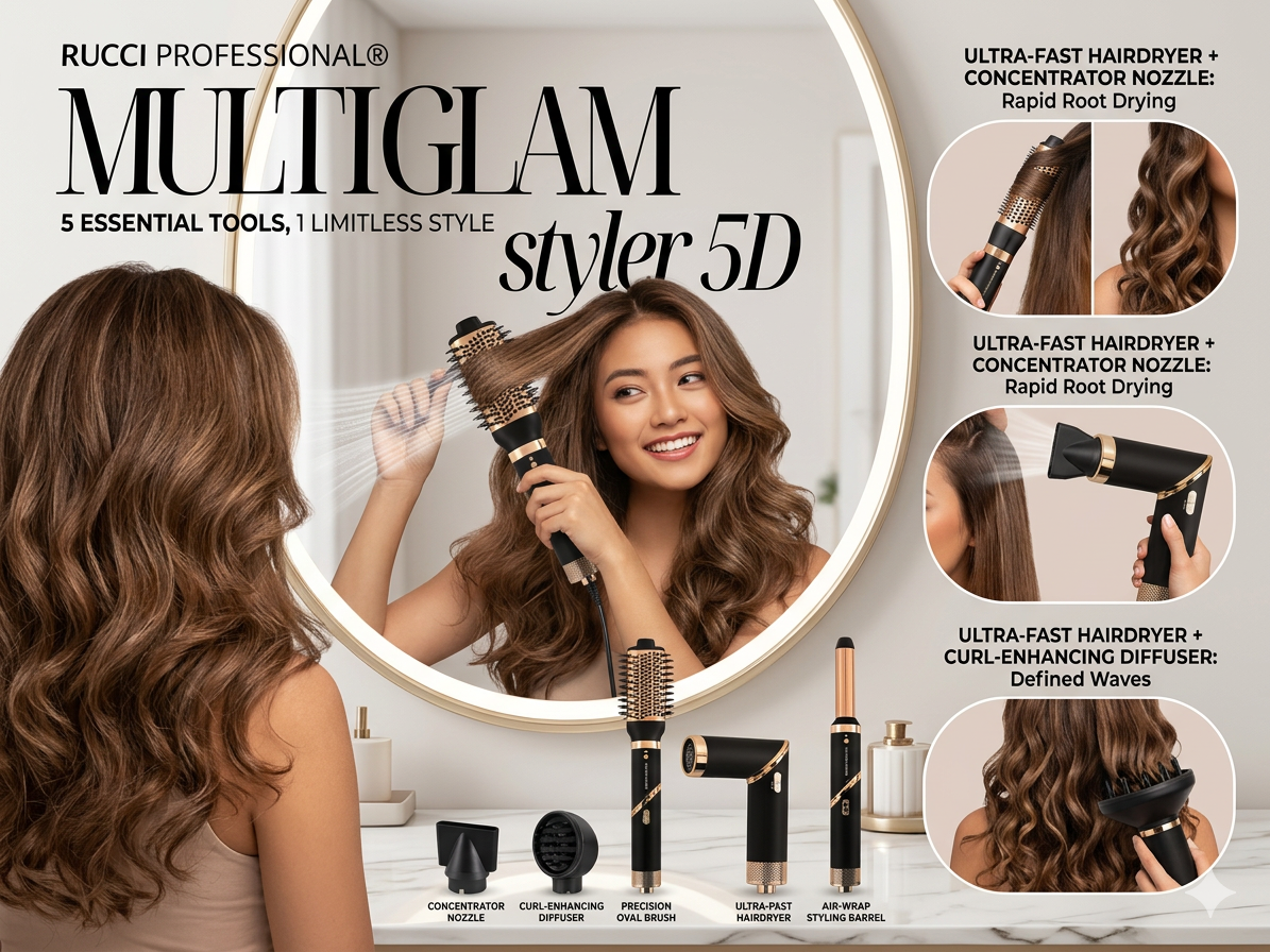 MULTIGLAM Styler 5D | 5-in-1 Hair Dryer & Styler Set with Air Wrap Barrels, Diffuser, Precision Brush & Concentrator Nozzle