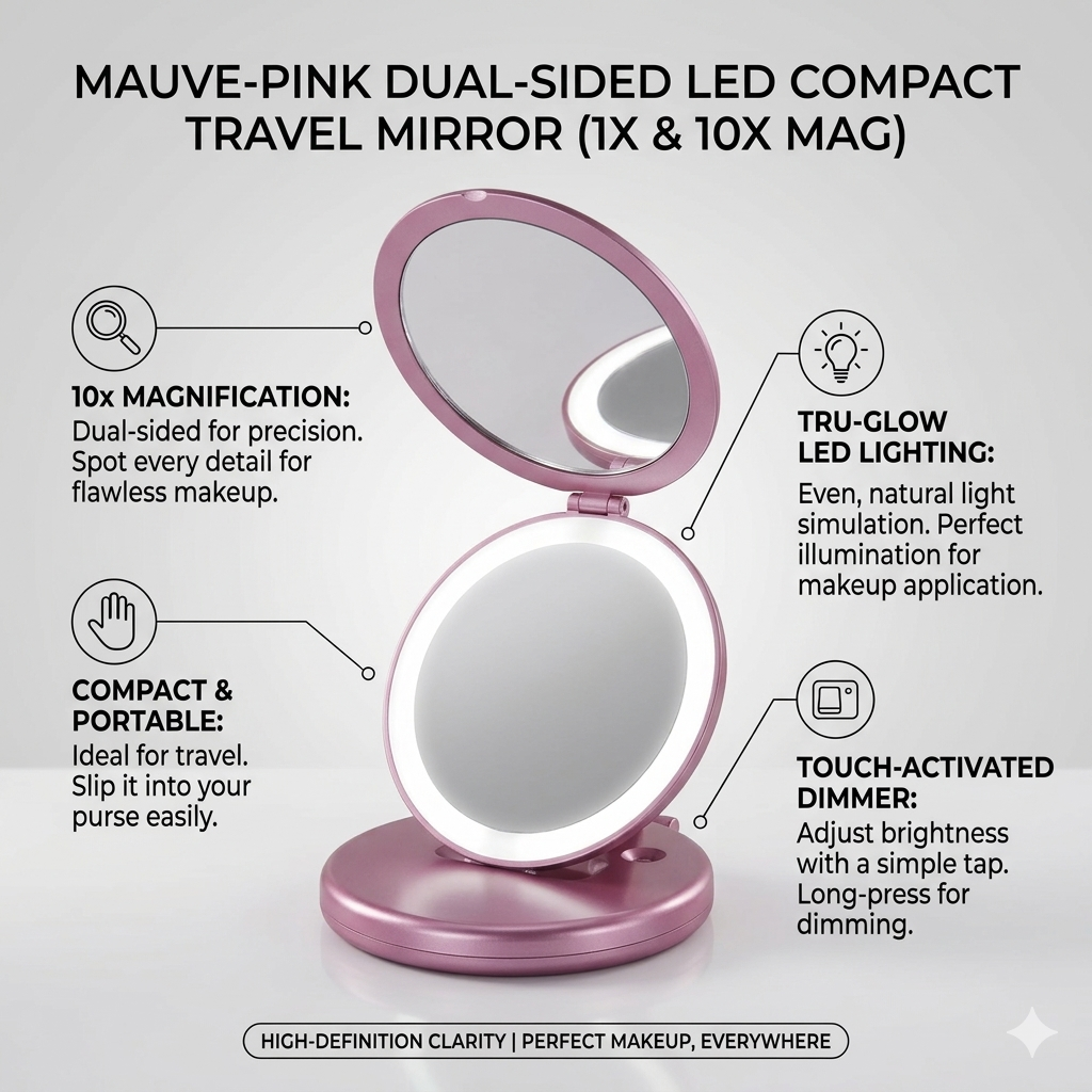 Lighted And Foldable Pink Travel Mirror (M958)