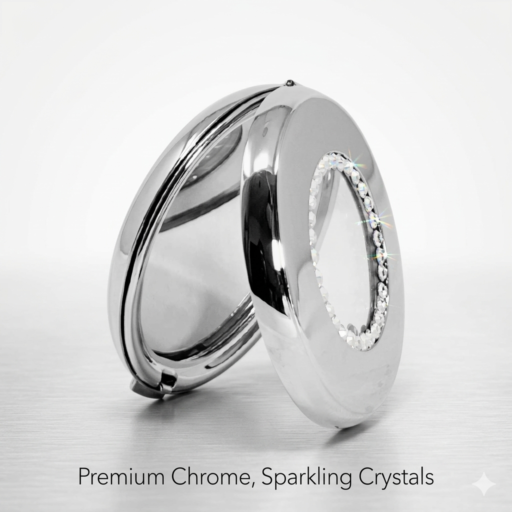 1X Regular Silver Circular Compact Mirror with Diamonds (CM601)