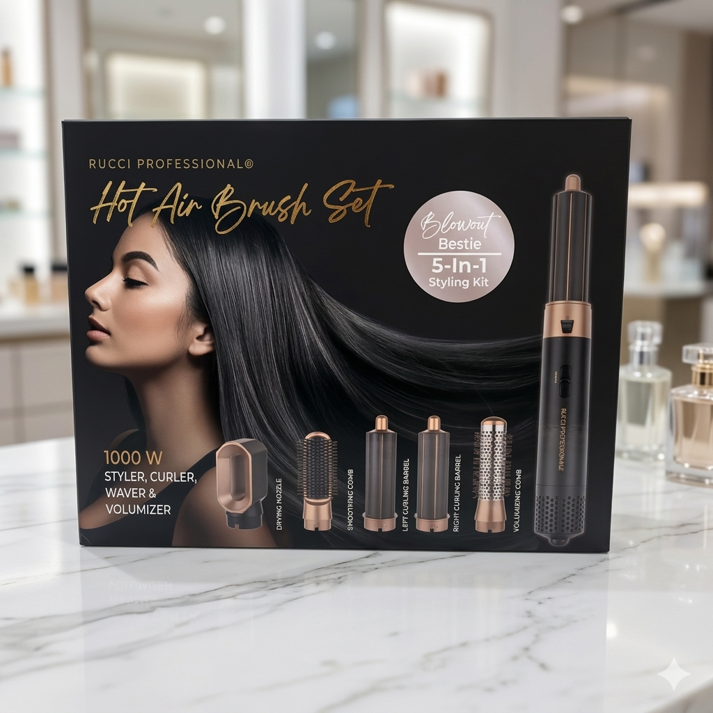 Rucci Professional 5-in-1 Hot Air Brush Set - 1000W Multi-Styler, Curler, Waver & Volumizer