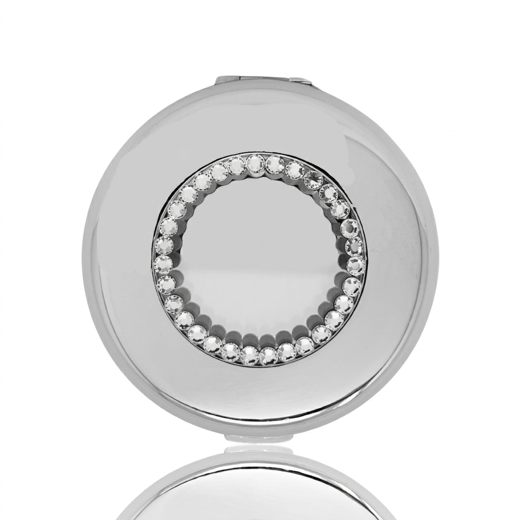 1X Regular Silver Circular Compact Mirror with Diamonds (CM601)