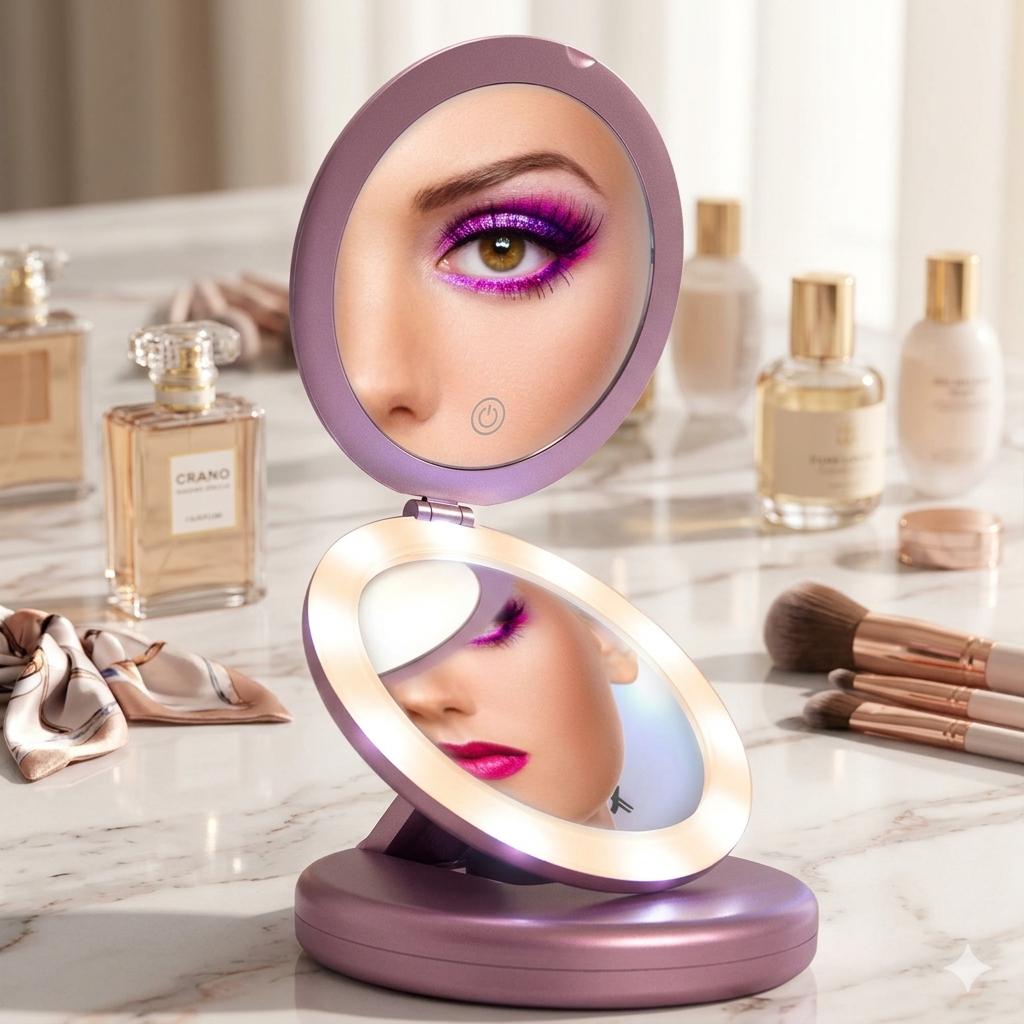 Lighted And Foldable Pink Travel Mirror (M958)