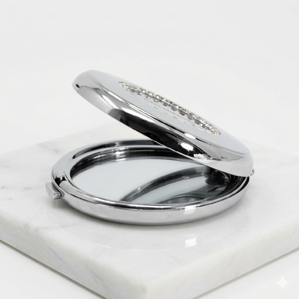 1X Regular Silver Circular Compact Mirror with Diamonds (CM601)