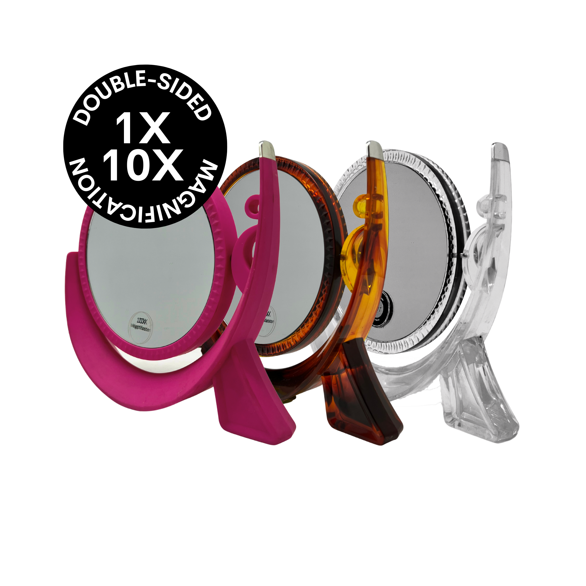 CLEARANCE SALE 1X/10X Magnifying Double-Sided Pink, Tortoise Shell & Clear Tabletop Mirror (6.25"D x 7.5"H)