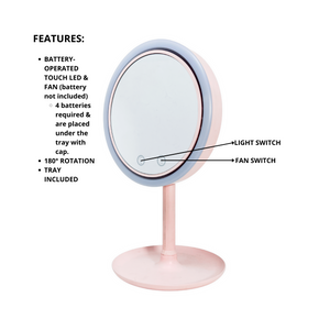 CLEARANCE SALE 1X Regular Battery-Operated LED Pink Tabletop Mirror with Fan (8"D x 13"H)