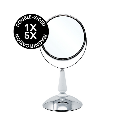1X/5X Magnifying Double-Sided Silver Tabletop Mirror (8"D x 15.75"H)- CL66