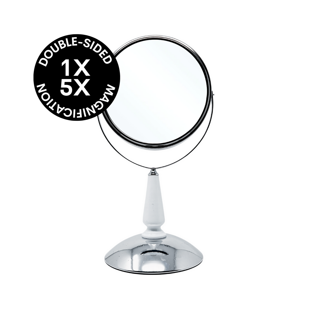CLEARANCE SALE 1X/5X Magnifying Double-Sided Silver Tabletop Mirror (8"D x 15.75"H)