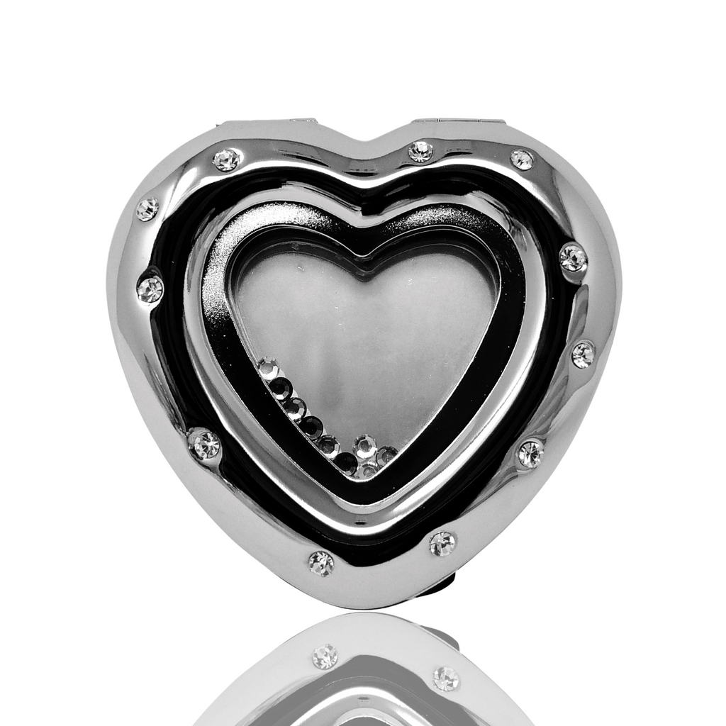 1X Regular Silver Heart with Diamonds Compact Mirror (CM603)