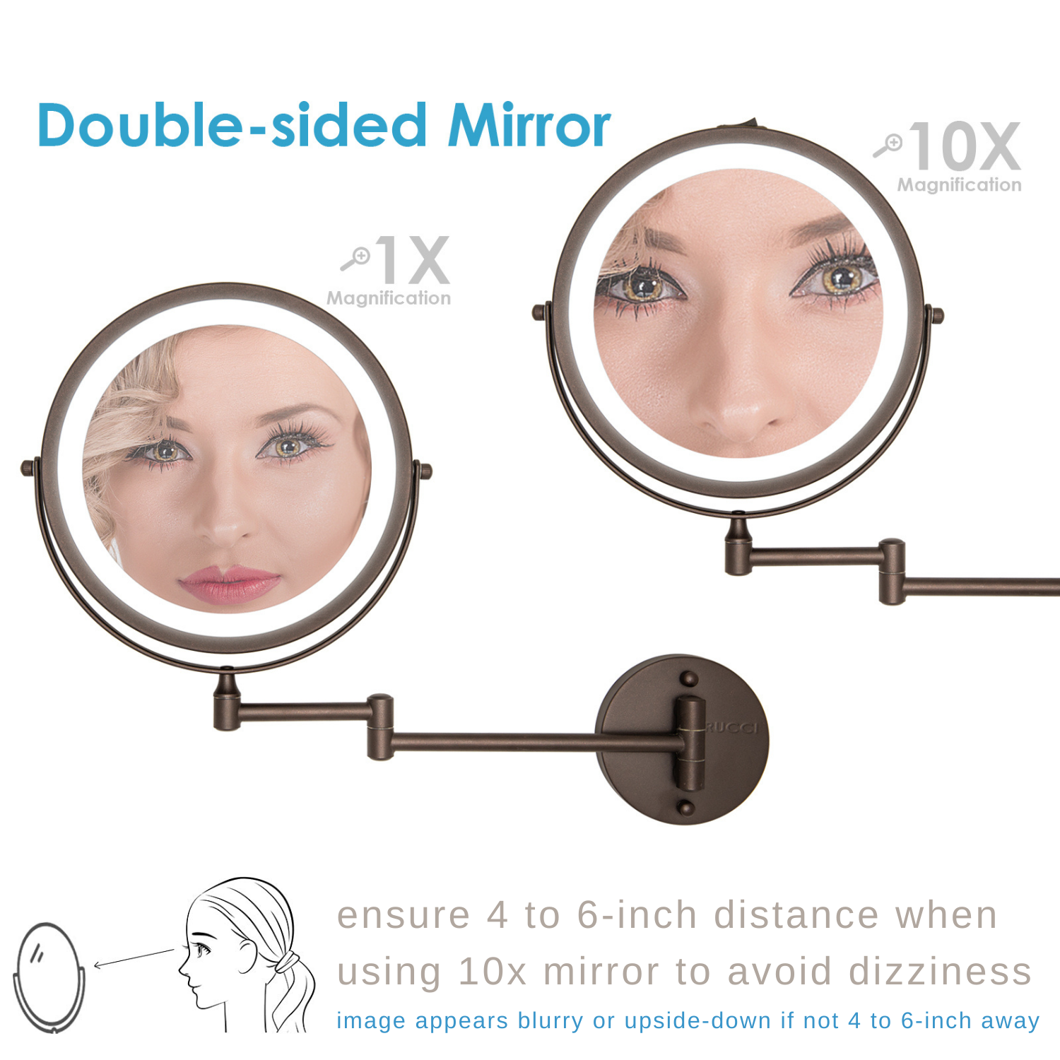 Modern Lighted Magnifying Wall-Mount Makeup Mirror Oil Brushed Bronze Finish - Battery Operated 1X & 10X (M1001/OB M1002/OB)